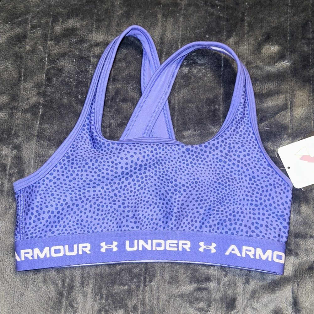 NWT Under Armour Girls Printed Purple Cross Back Sports Bra (M) - Picture 2 of 7